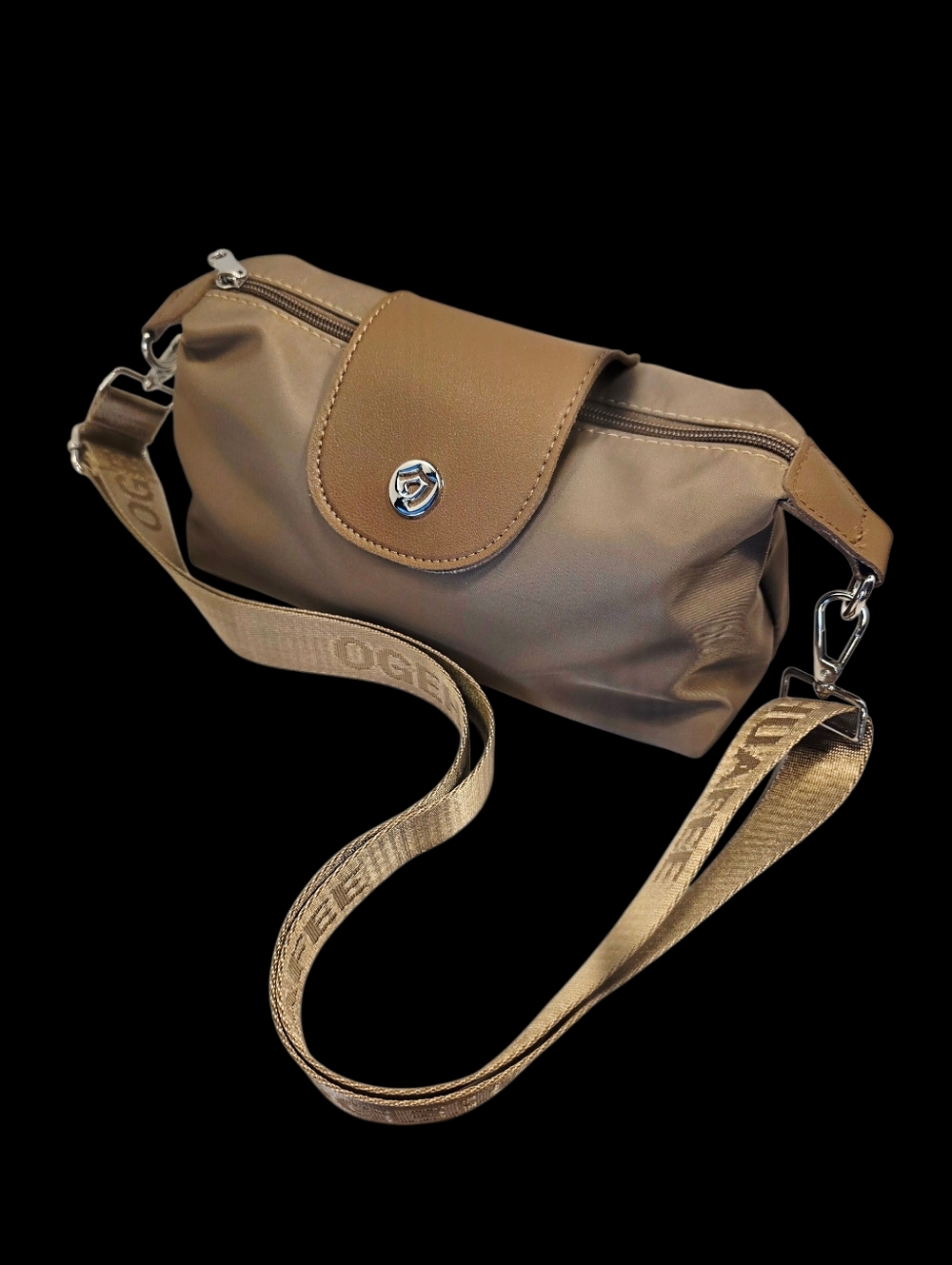 Taupe Crossbody Shoulder Bag with Guitar Strap, Top Zipper and Snap Closure  NWT - Picture 2 of 5